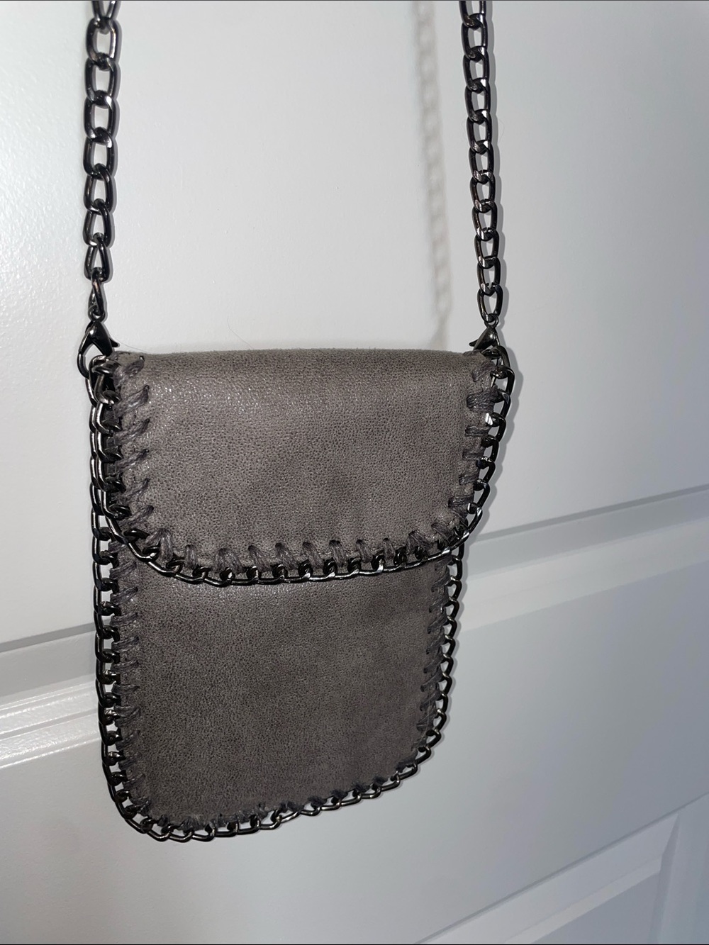 NEW Suede Chain-Trim Crossbody Bag in Gray